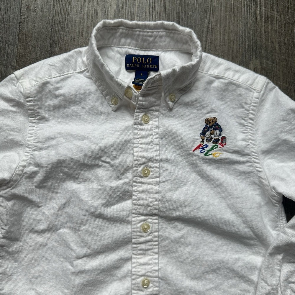 Ralph Lauren Classic Fit Polo Bear Oxford Shirt Kids Sz 5 White Preppy Cotton